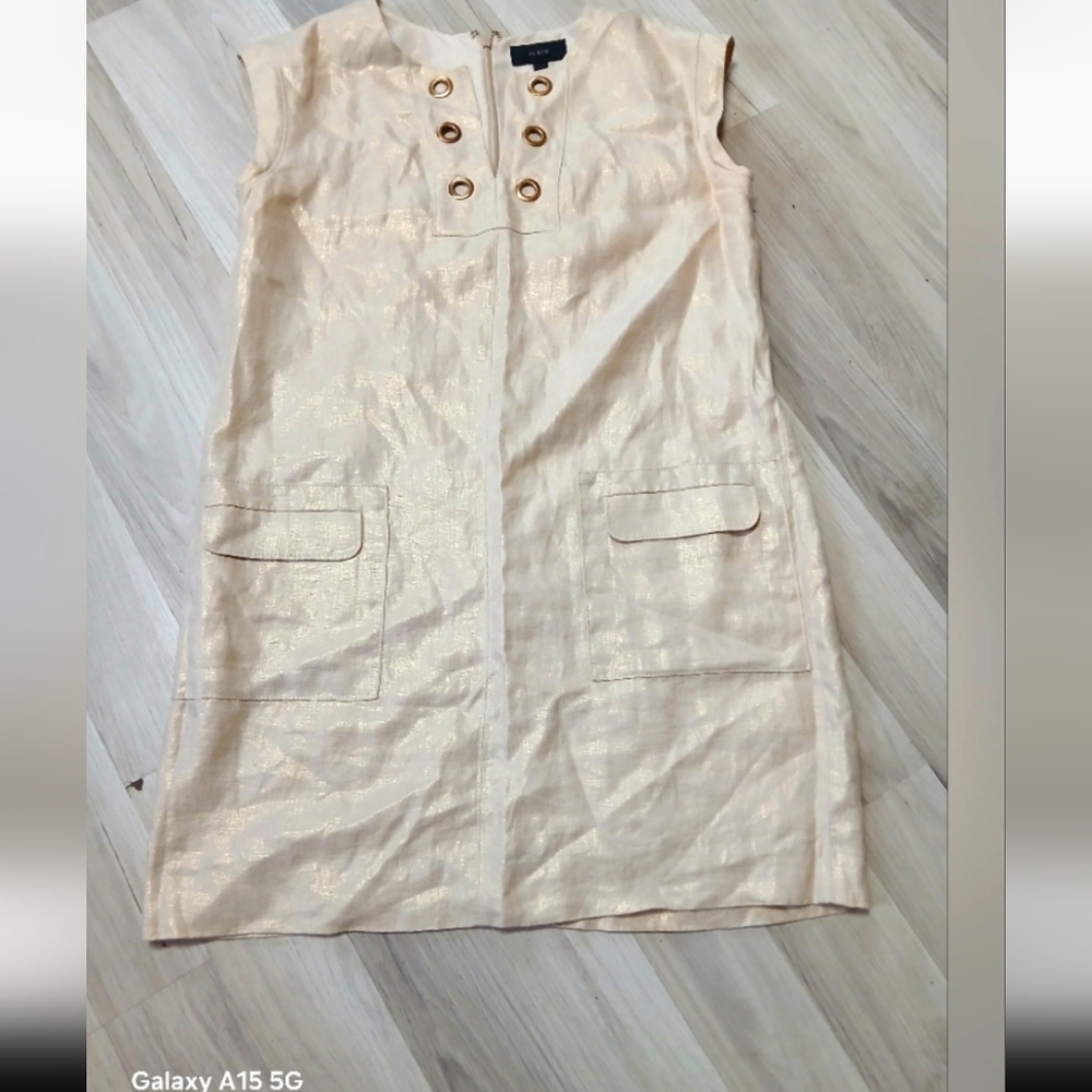 J Crew Beige L8nen Blended  Sleeveless Dress with Button Detail